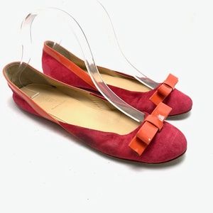 J CREW Made In ITALY Pink Orange Genuine Leather Suede Flats Bow Toe Shoes  6.5